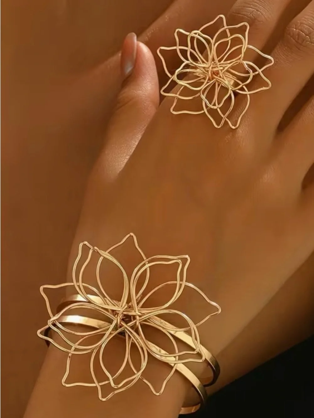 Sterling Silver, Black, and Gold Floral Wire Open Cuff Bracelets  -with ring set